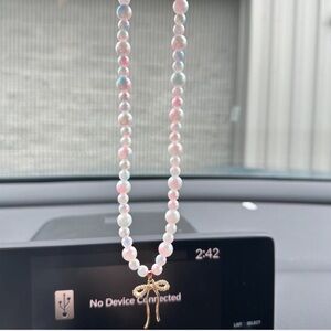 Homemade Rearview Mirror with bow charm and iridescent pearl beads!